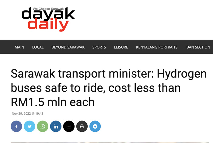 Sarawak Transport Minister : Hydrogen buses safe to ride. cost less than RM1.5mln each