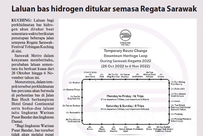 Laluan bas hidrogen ditukar semasa Regatta Sarawak