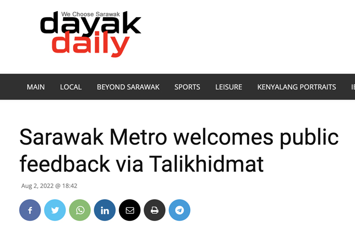 Sarawak Metro welcomes public feedback via  Talikhidmat 