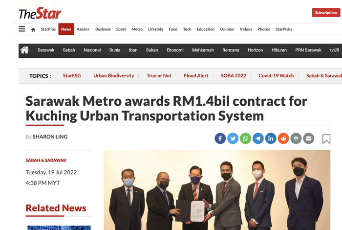 Sarawak Metro awards RM1.4bil contract for Kuching Urban Transportation System