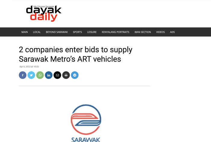  2 companies enter  bids to supply  Sarawak Metro's  ART Vehicles