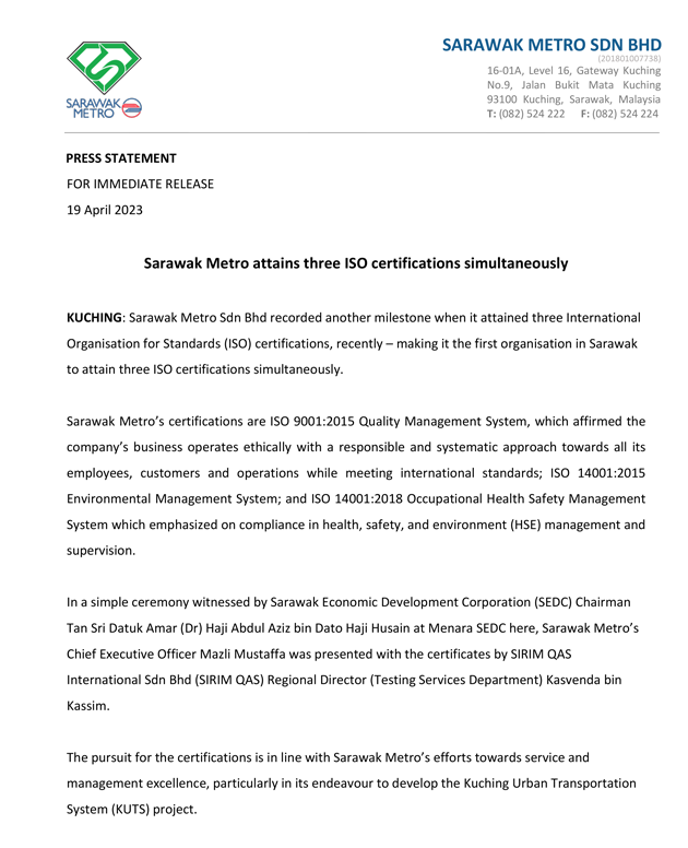 Sarawak Metro attains three ISO certifications simultaneously