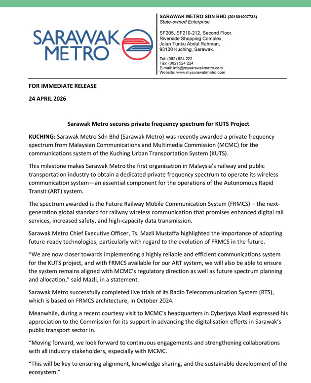 Sarawak Metro secures private frequency spectrum for KUTS Project