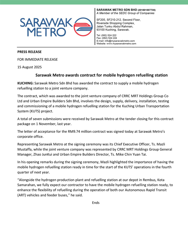 Sarawak Metro awards contract for mobile hydrogen refuelling station