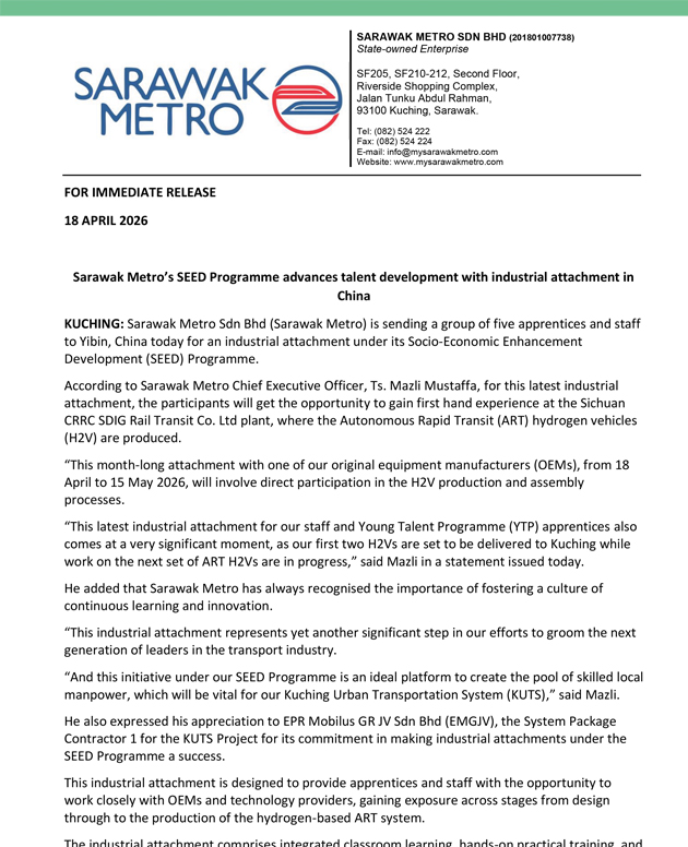 Sarawak Metro’s SEED Programme advances talent development with industrial attachment in China