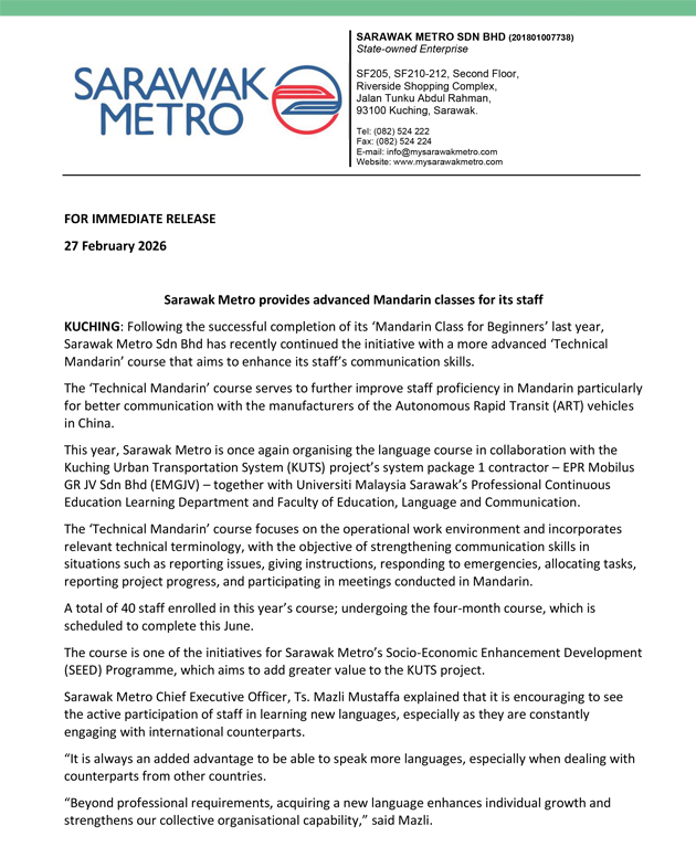 Sarawak Metro provides advanced Mandarin classes for its staff