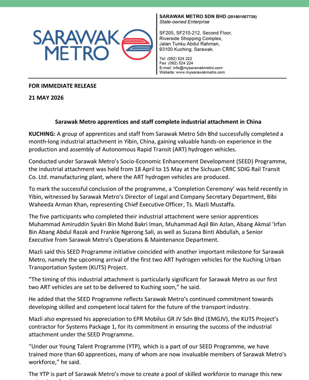 Sarawak Metro apprentices and staff complete industrial attachment in China