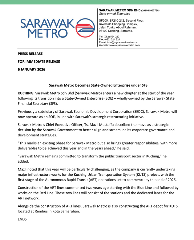 Sarawak Metro becomes State-Owned Enterprise under SFS