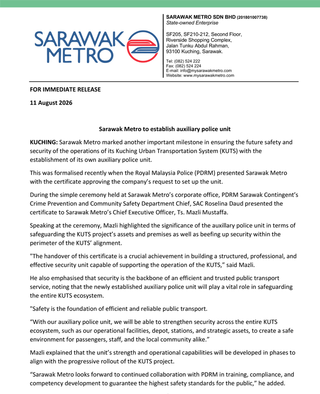 Sarawak Metro to establish auxiliary police unit