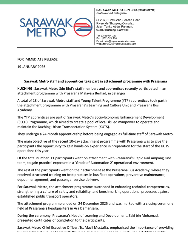 Sarawak Metro staff and apprentices take part in attachment programme with Prasarana