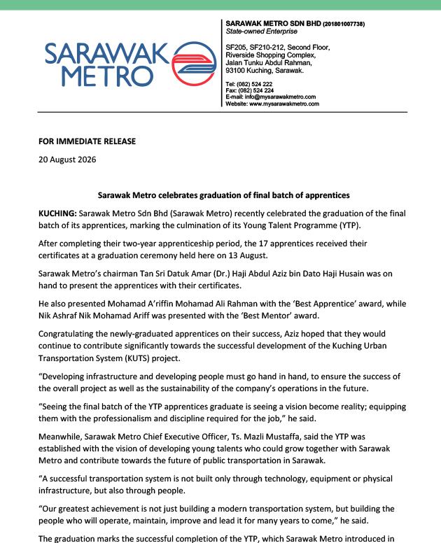 Sarawak Metro celebrates graduation of final batch of apprentices